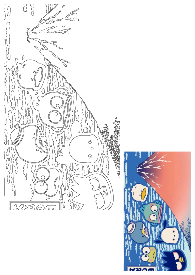 Cute Sanrio characters like Keroppi and Badtz-Maru playfully spout water from their mouths in a rainy Mount Fuji scene.