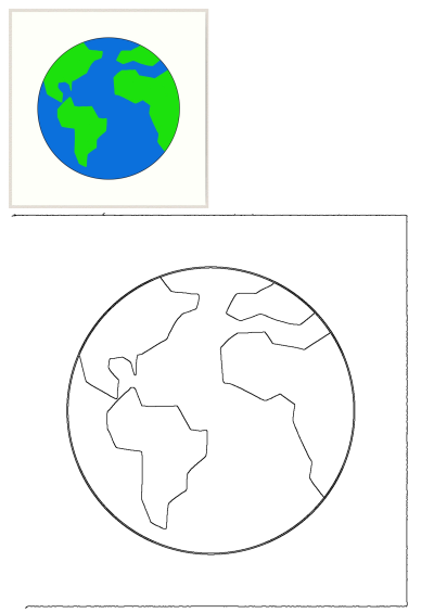 A hand drawn Earth icon featuring green continents and blue oceans, with an accompanying outline version, presented as a gallery quality cotton paper print.
