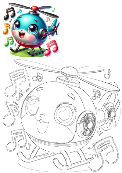 A cute cartoon helicopter with musical notes, featuring a vibrant colored illustration and a black and white outline version for creative activities.