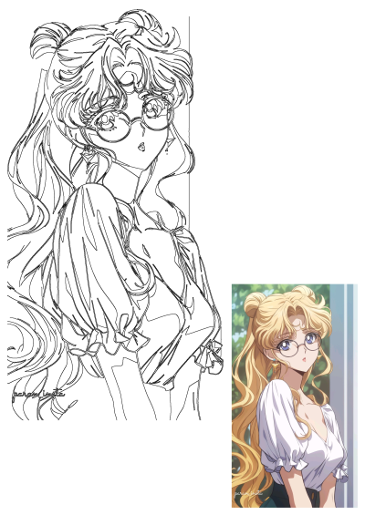 Sailor Moon anime girl fan art: blonde character with glasses in a ruffled blouse, shown as detailed line art and vibrant colored artwork.