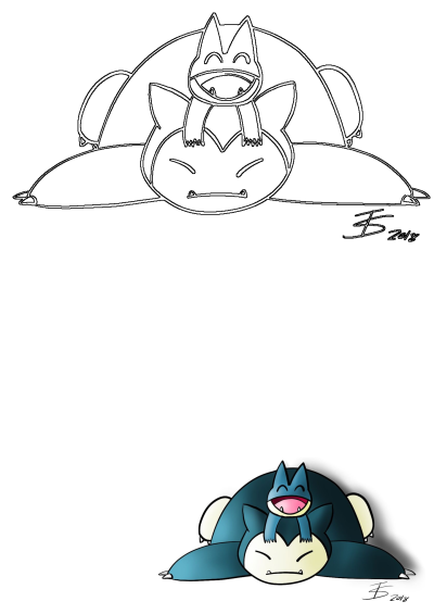 An adorable Snorlax Munchlax Pokemon sleeping cartoon drawing, showing Snorlax peacefully resting with a happy Munchlax on top.