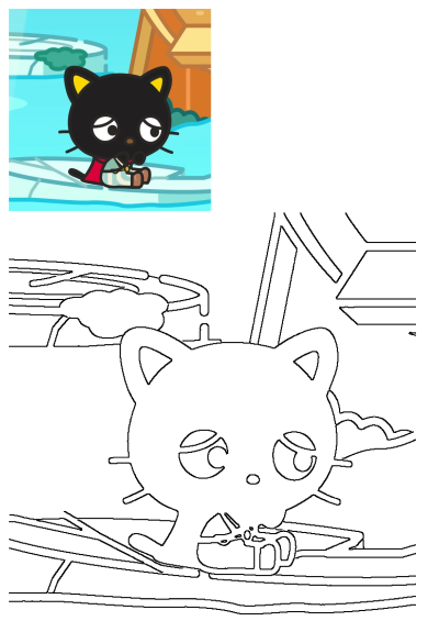 A sad cartoon black cat sits on snow in a winter scene, bundled in a red cloak. Includes a black and white outline for coloring.