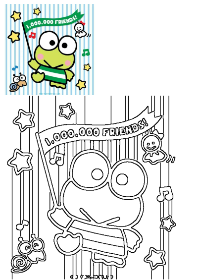 Keroppi the frog celebrating one million friends, holding a banner, with stars & music notes, plus its outline for coloring.