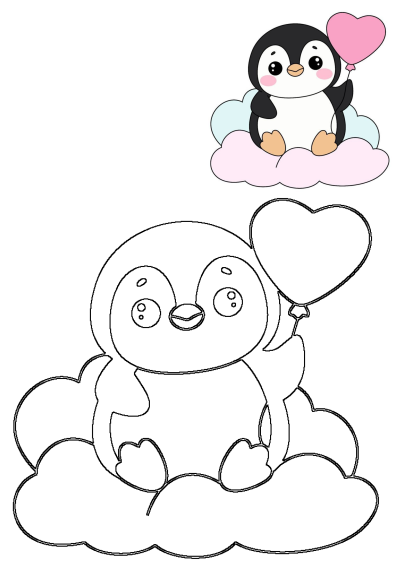 A cute penguin holding a pink heart balloon sitting on clouds, shown in both full color and as an outline drawing for kids to color.