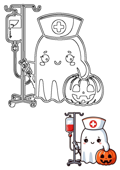Friendly cartoon ghost nurse character for Halloween, wearing a hat, holding a jack-o-lantern pumpkin and IV drip.