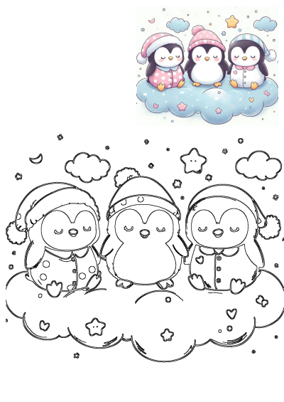 Three adorable cartoon penguins in colorful pajamas and sleep caps sleep peacefully on a fluffy blue cloud, surrounded by stars and hearts.