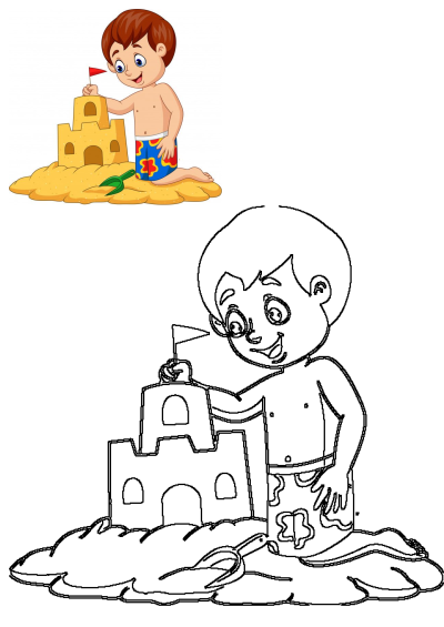A happy cartoon boy in swim trunks smiles while building a sandcastle with a red flag on a beach. Includes a coloring page version.