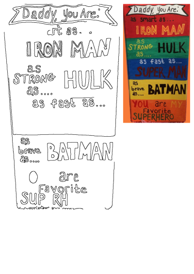 Colorful Dad Superhero art card. Compares dad to Iron Man (smart), Hulk (strong), Superman (fast), and Batman (brave). Ideal Father's Day gift.