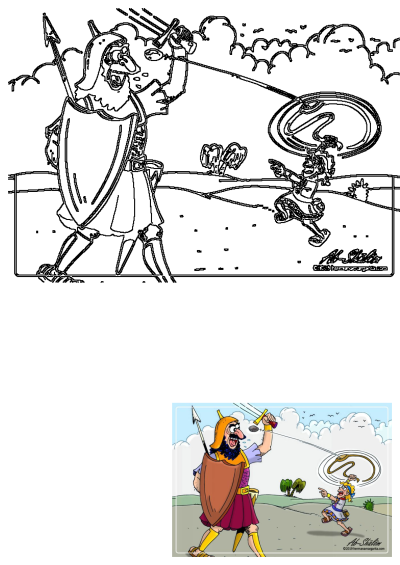 Humorous cartoon illustration showing young David striking giant Goliath with his sling and a stone in an outdoor landscape.