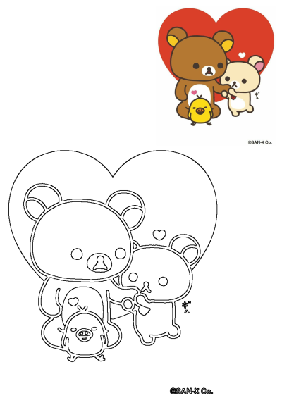 Rilakkuma, Korilakkuma, and Kiiroitori pose cutely with a red heart, presented as both a vibrant illustration and a delightful outline for coloring.