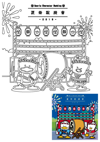 Line art of Sanrio characters at a festive summer event with a large drum, traditional lanterns, and dazzling fireworks from 2019.