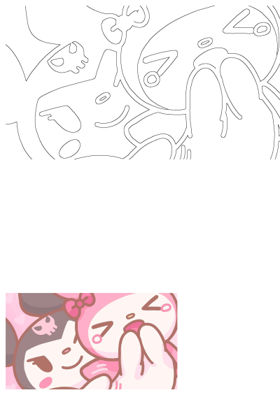 Detailed outline art featuring cute Sanrio characters My Melody and Kuromi in their iconic kawaii pink style.