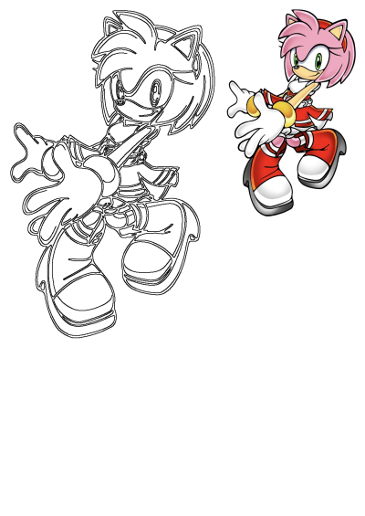 Amy Rose from Sonic the Hedgehog running in her signature red dress, shown as a full-color illustration and a clean line art outline.