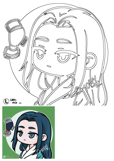 A cute chibi anime girl with long dark blue hair and striking blue eyes, holding a modern smartphone in her hand.