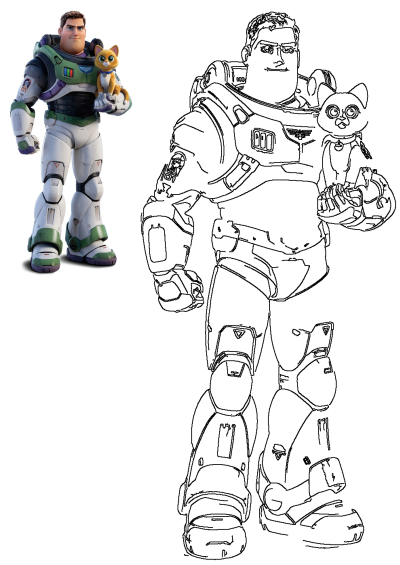 Buzz Lightyear holding Sox the robot cat from Toy Story in an outline drawing, perfect for kids to color.