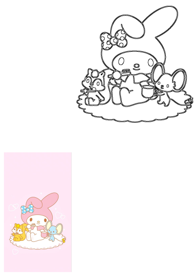 My Melody, a cute Sanrio character, with her squirrel and mouse friends, happily brushing teeth on a cloud, against a pink background.