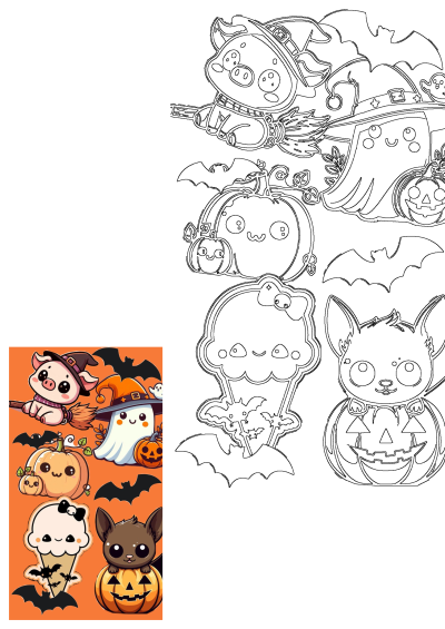Adorable Halloween stickers featuring a cute pig witch, friendly ghost, kawaii dog, pumpkin, ice cream, and flying bats.