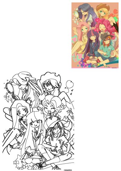 My Little Pony Anime Fanart Group Characters, depicting humanized Equestria Girls in a vibrant anime style, alongside a line art version.