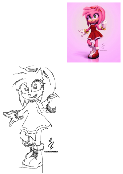 Amy Rose Sonic The Hedgehog fan art character showing a vibrant full-body digital image and a line art sketch.