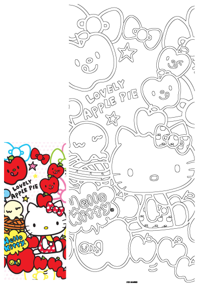 A delightful Hello Kitty wallpaper pattern with charming smiling apples, bows, and 'Lovely Apple Pie' text, ideal for a cute background.