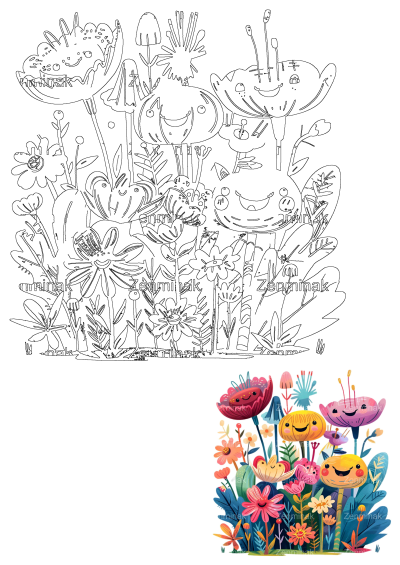 A vibrant, whimsical illustration featuring colorful flowers and plants with happy, smiling faces, perfect for joyful designs and decor.