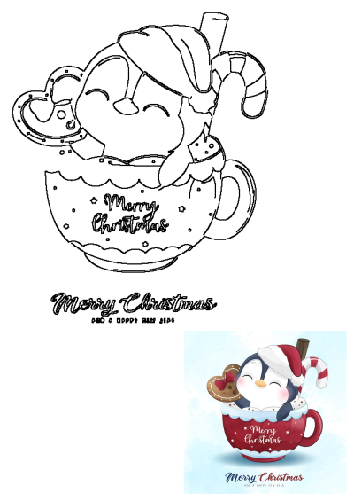 A cute penguin in a festive Christmas mug with a gingerbread cookie and candy cane, featuring 'Merry Christmas' text.