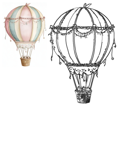 Watercolor Hot Air Balloon Pastel Stripes Vintage Illustration, adorned with garlands and cute figures in its basket. Includes outline drawing.