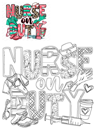 Vibrant 'Nurse On Duty' graphic design with leopard print, stripes, nurse scrubs, stethoscope, and a matching outline.
