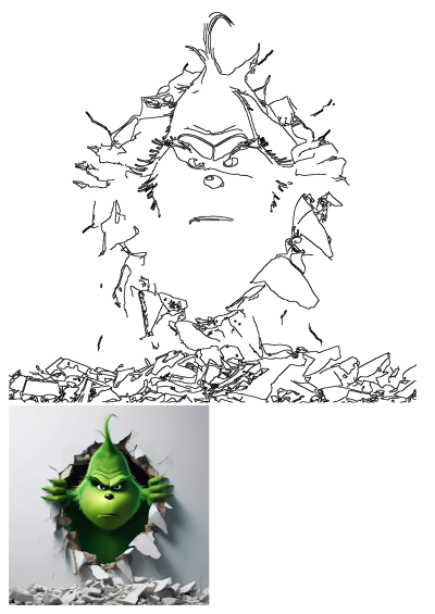 The grumpy green Grinch breaks through a white wall, surrounded by shattered plaster. Features both a detailed outline and a vibrant colored version.