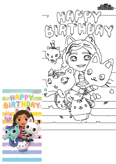 Gabby's Dollhouse Happy Birthday card by Danilo Promotions showcasing Gabby and her feline friends with vibrant balloon letters.