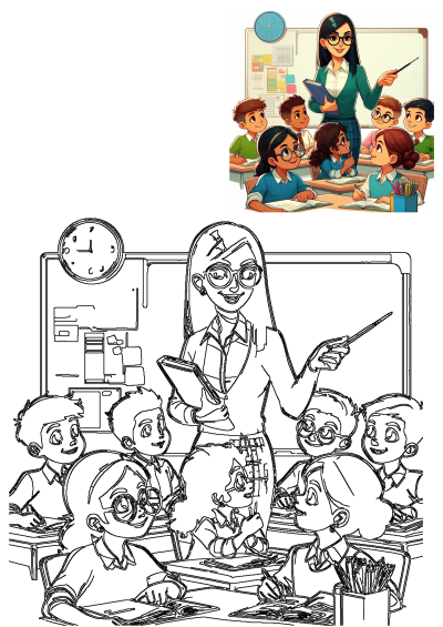 A woman teacher with glasses actively teaches diverse students in a classroom, fostering education and learning. Engaging school scene.