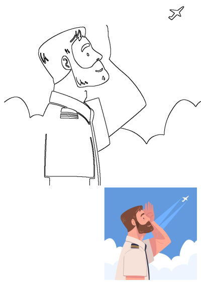 Outline illustration of a bearded pilot in uniform saluting an airplane flying across the sky with clouds. Aviation art.