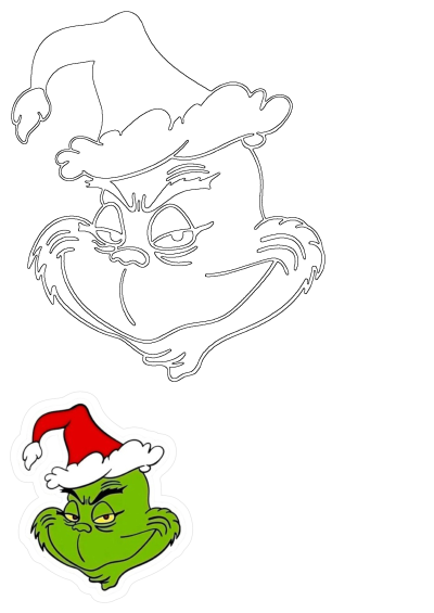 Grinch cartoon wearing a red Santa hat, depicted as a colorful sticker and a black outline for Christmas festive design.
