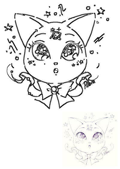 Black outline drawing of a cute kawaii cat with big starry eyes, a bow tie, and celestial forehead symbol surrounded by stars.