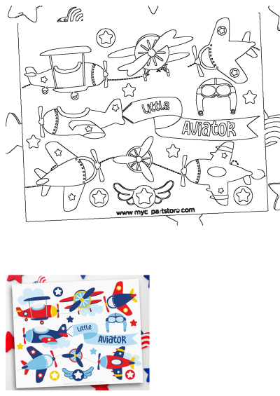 A vibrant collection of cartoon Little Aviator airplanes, stars, clouds, propellers, and a pilot helmet in red, white, and blue colors, perfect for kids' themes.