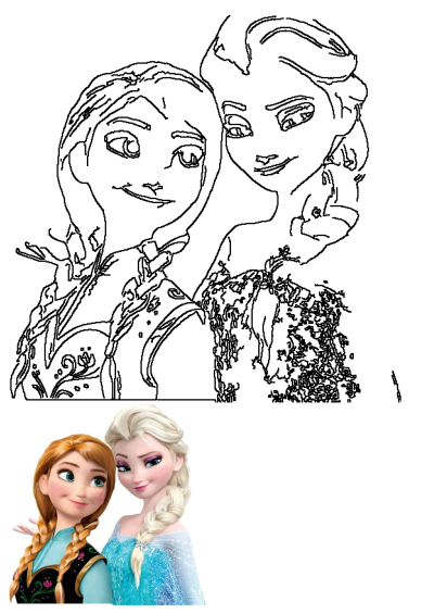 Frozen sisters Anna and Elsa portrait, featuring both a black outline drawing version and their iconic vibrant colored image.