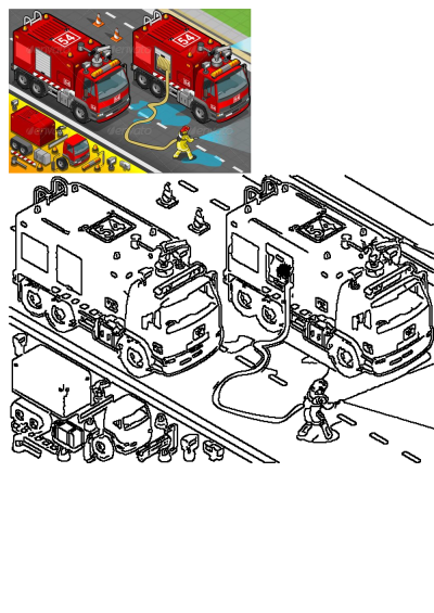 An isometric cartoon illustration featuring two red firetrucks, one with a firefighter actively using a hose, on a road with safety cones.