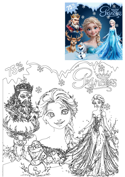 Frozen Princesses & Friends 75% off promotion featuring Elsa, Kristoff, Sven, Olaf, with colorful and outline versions for fun.
