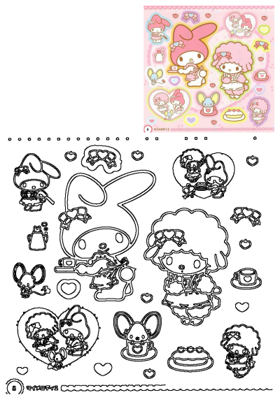 Hello Kitty and Friends stickers featuring My Melody, Fofuru, and a mouse on a sweet pink heart background with desserts and tea.