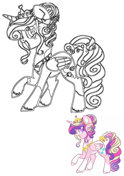 Pink alicorn princess pony with long hair, crown, and wings on a white background. Features outline & colored forms.