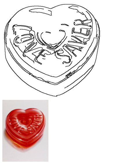 Outline drawing and photo of a heart-shaped Love Savers Valentine lollipop candy, perfect for holiday greetings.