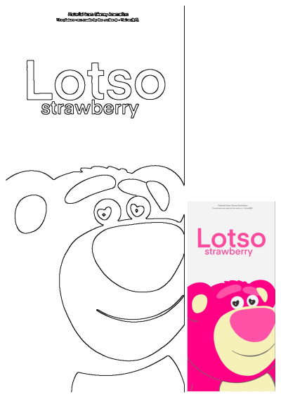 A black and white outline of Lotso Strawberry Bear, the pink Disney character, alongside a small colored reference image.