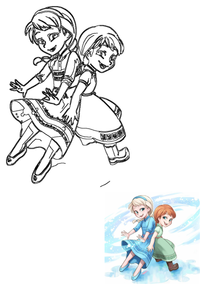 Outline illustration depicting young sisters Elsa and Anna from Frozen, happily playing together in a snowy scene.
