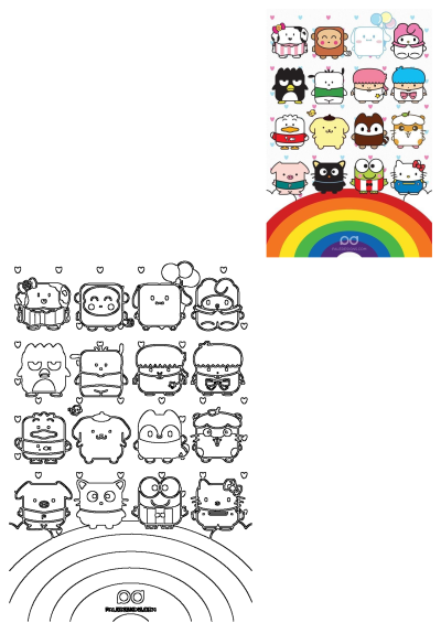 Sanrio characters, including Hello Kitty, Badtz-Maru, and My Melody, in cartoon style on a rainbow background with hearts. Both color and outline versions are shown.