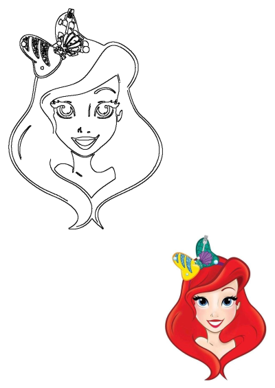 Ariel Little Mermaid character head with a butterfly headpiece, showing both an outline and colorful cartoon version.