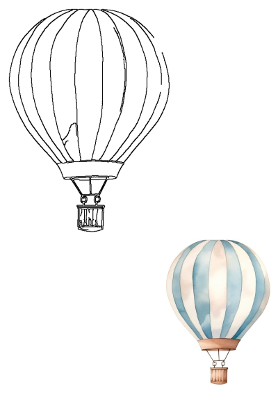 A vibrant watercolor blue and white striped hot air balloon illustration presented with a complementary black outline sketch.