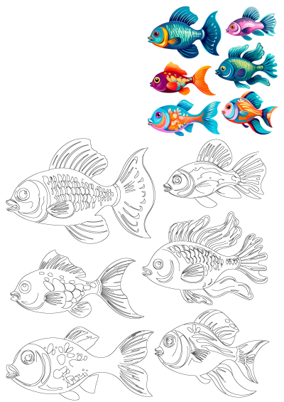 Discover vibrant, diverse colorful fish illustrations of various aquatic species on a clean white background, accompanied by their line art outlines.