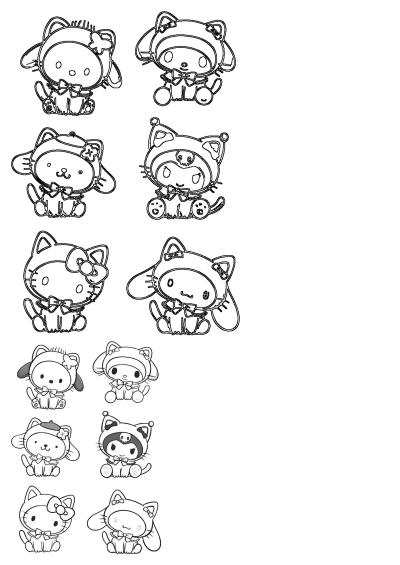 Line art featuring Hello Kitty, My Melody, Kuromi, and other beloved Sanrio characters in various cute outfits and poses.