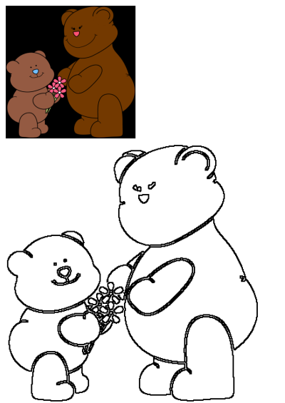 A charming cartoon illustration of two teddy bears, where a smaller bear presents pink flowers as a gift to a larger, smiling bear.