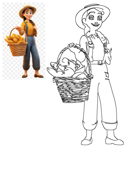 A cheerful cartoon farmer girl in a straw hat and overalls, happily holding a woven basket filled with freshly baked bread loaves.
